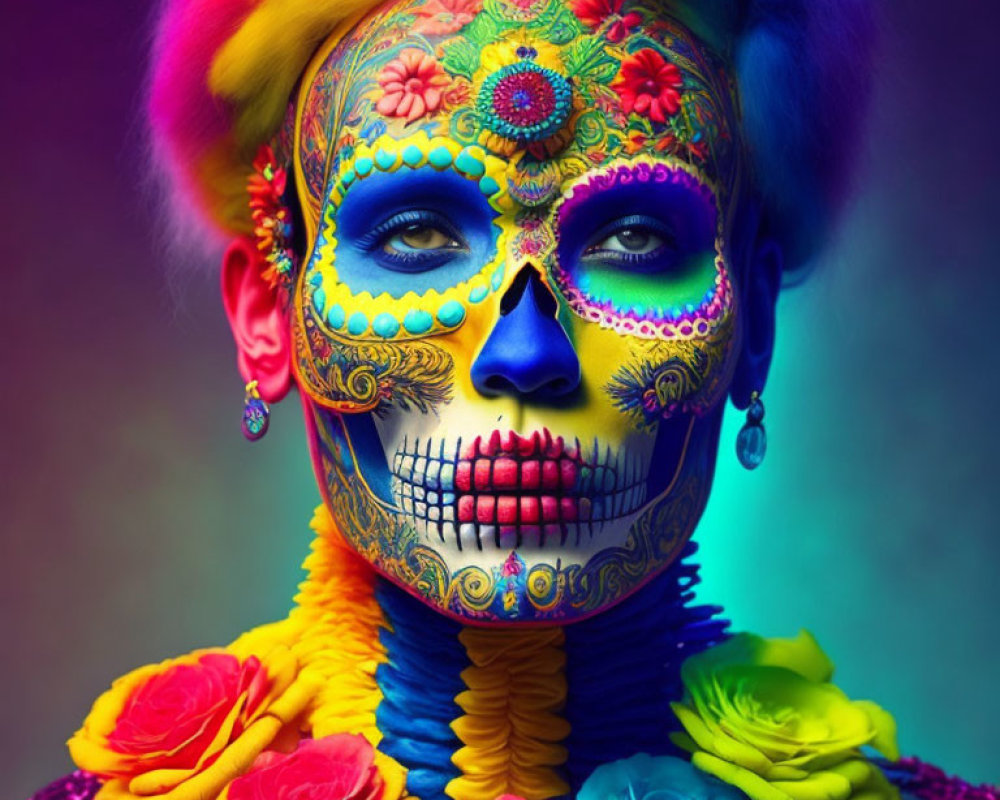 Skull-themed Dia de los Muertos face paint with colorful flowers and rainbow hair