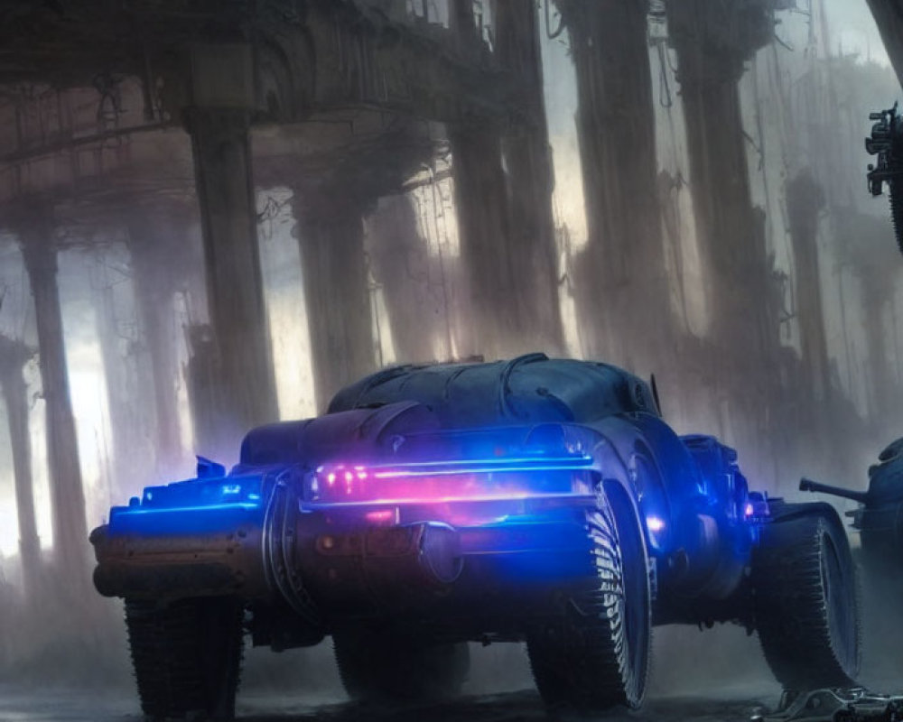 Futuristic hovercar in industrial landscape with glowing lights