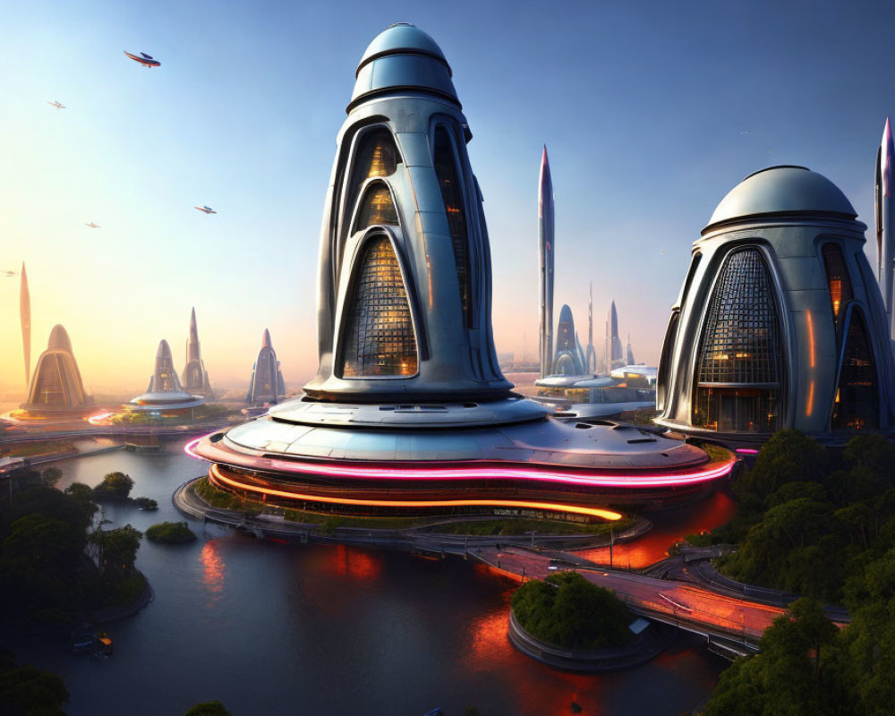 Futuristic Dusk Cityscape: High-Rise Buildings, Flying Vehicles, Water, Greenery