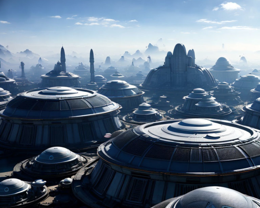 Futuristic cityscape with dome-shaped buildings and towering spires in mountainous terrain