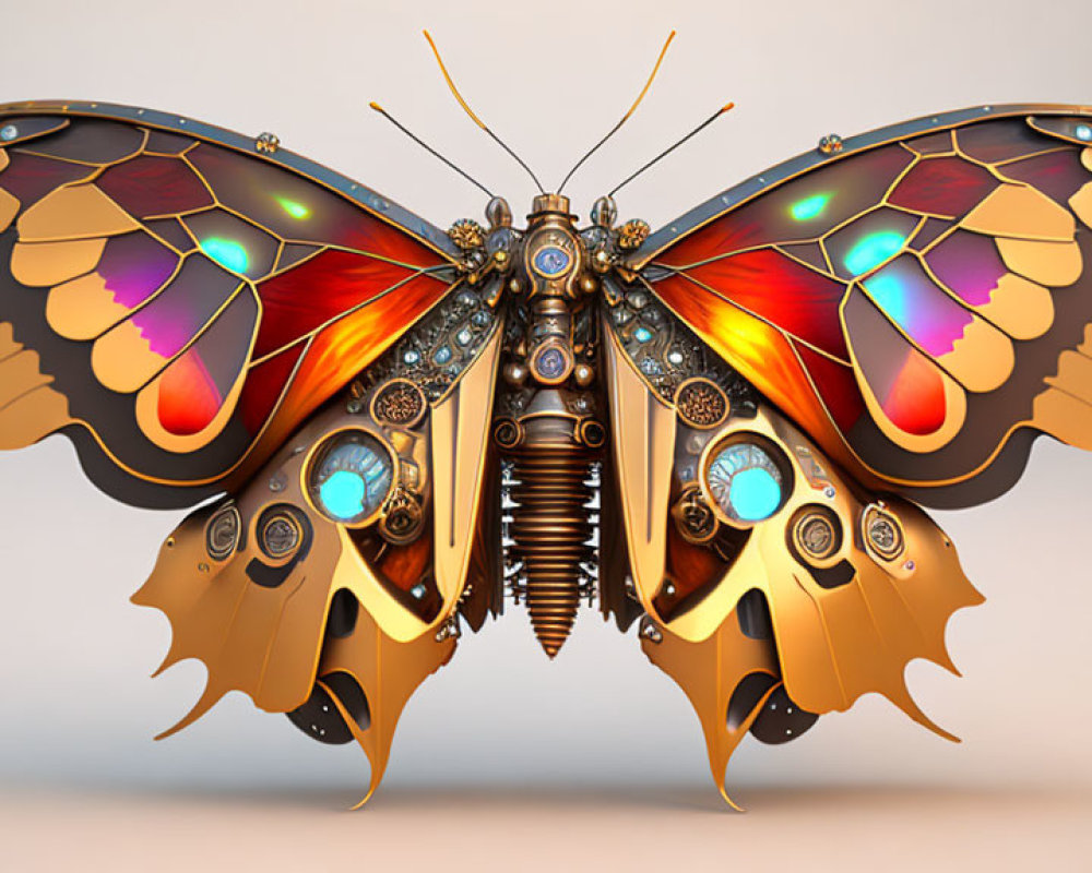 Steampunk butterfly with metallic details on warm gradient background