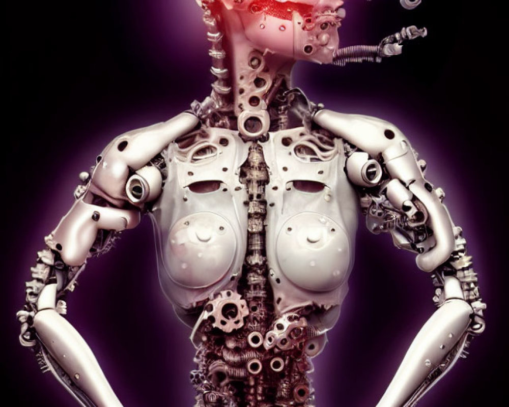 Sophisticated humanoid robot with cybernetic implants on purple backdrop