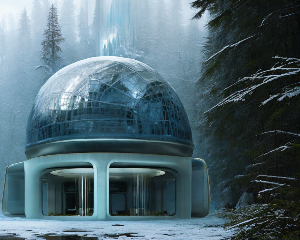 Futuristic glass dome in snow-dusted forest with waterfall