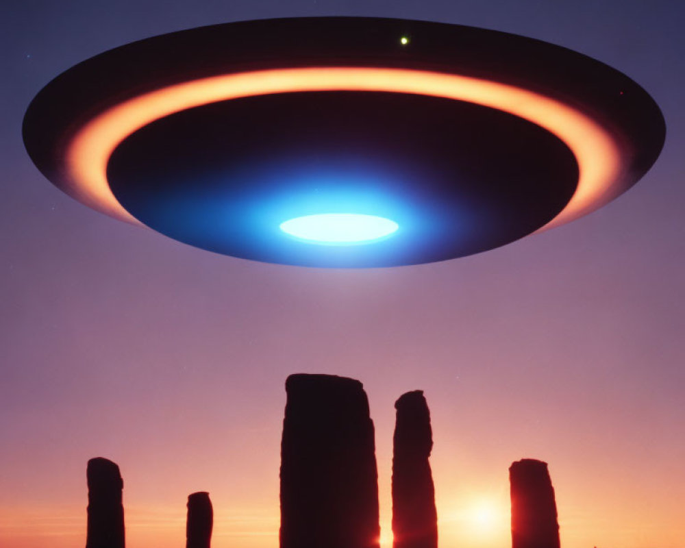 Mysterious UFO hovers above standing stones at sunset