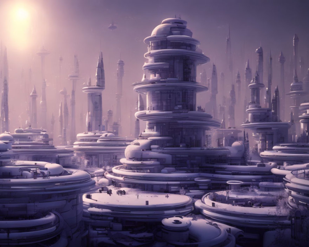 Futuristic cityscape with towering skyscrapers and dome-shaped structures