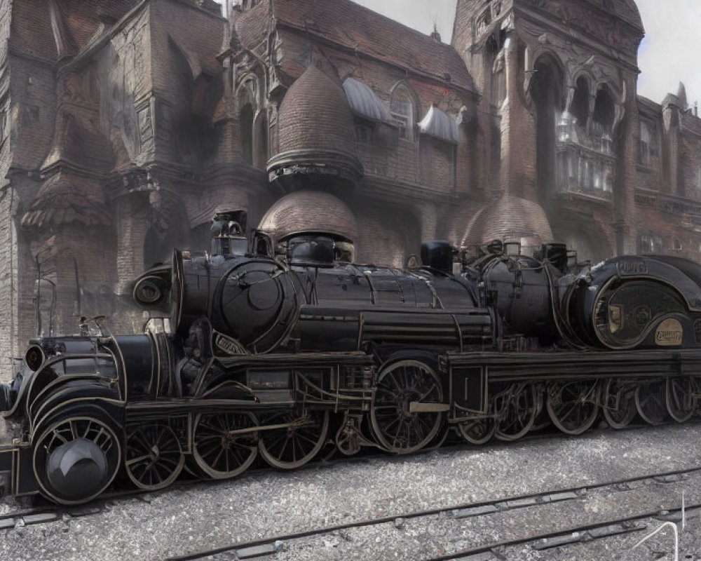 Detailed Drawing of Black Steam Locomotive on Tracks with Old-Timey Station