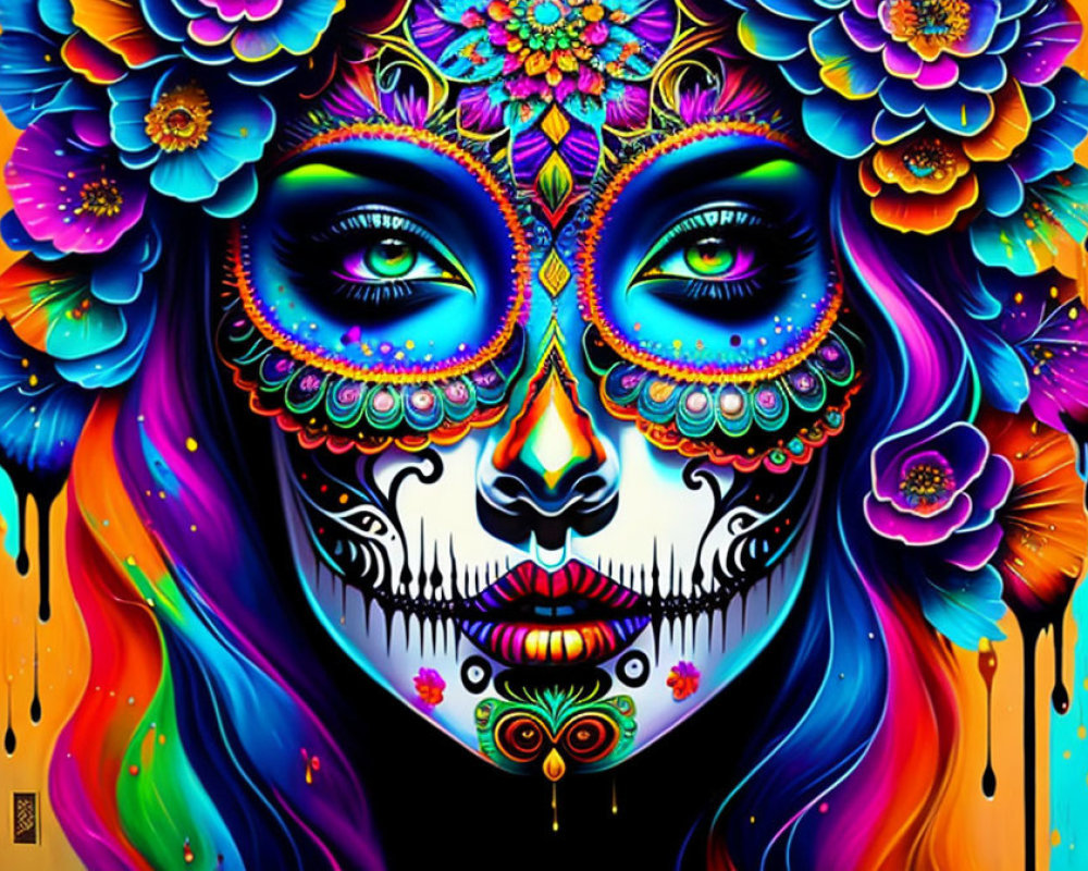 Colorful Floral Sugar Skull Face Art on Black Background