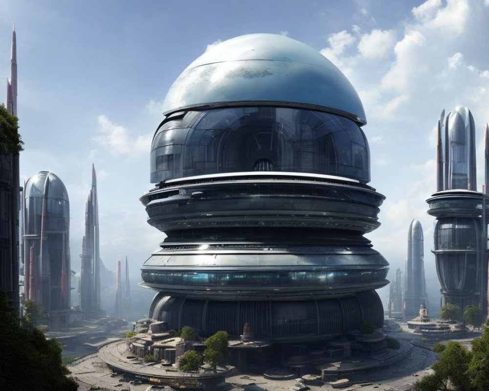 Futuristic cityscape with sleek skyscrapers and spherical tiered building