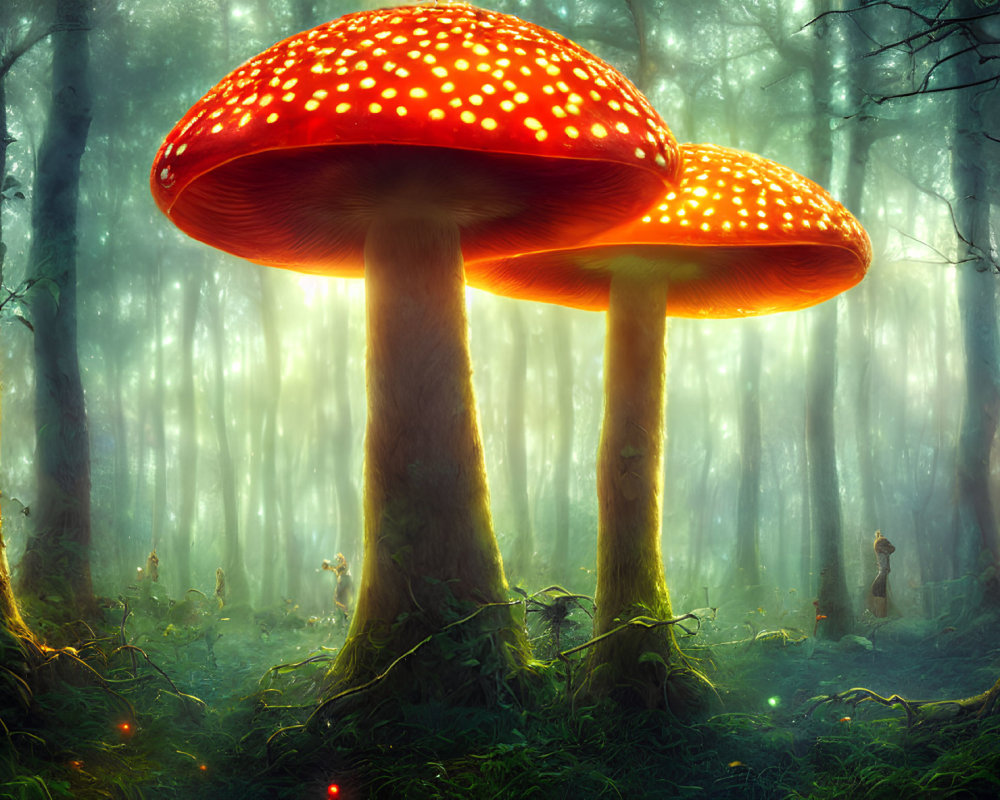 Enchanted forest with glowing mushrooms and mysterious figure