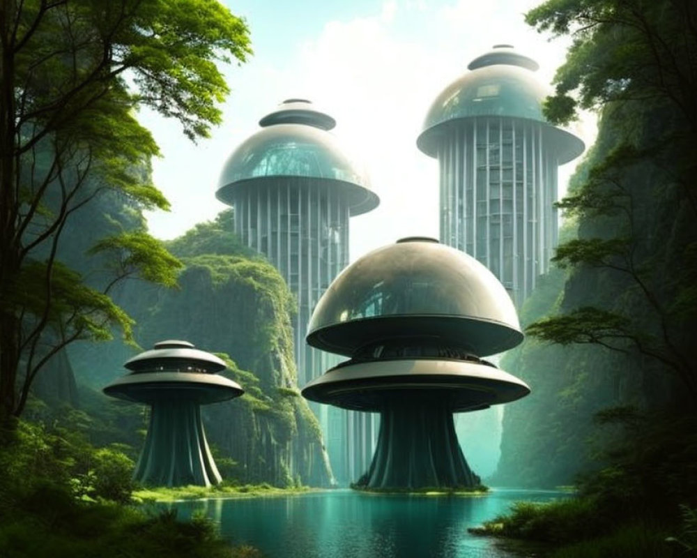 Futuristic domed structures in lush forest with cliffs and lake