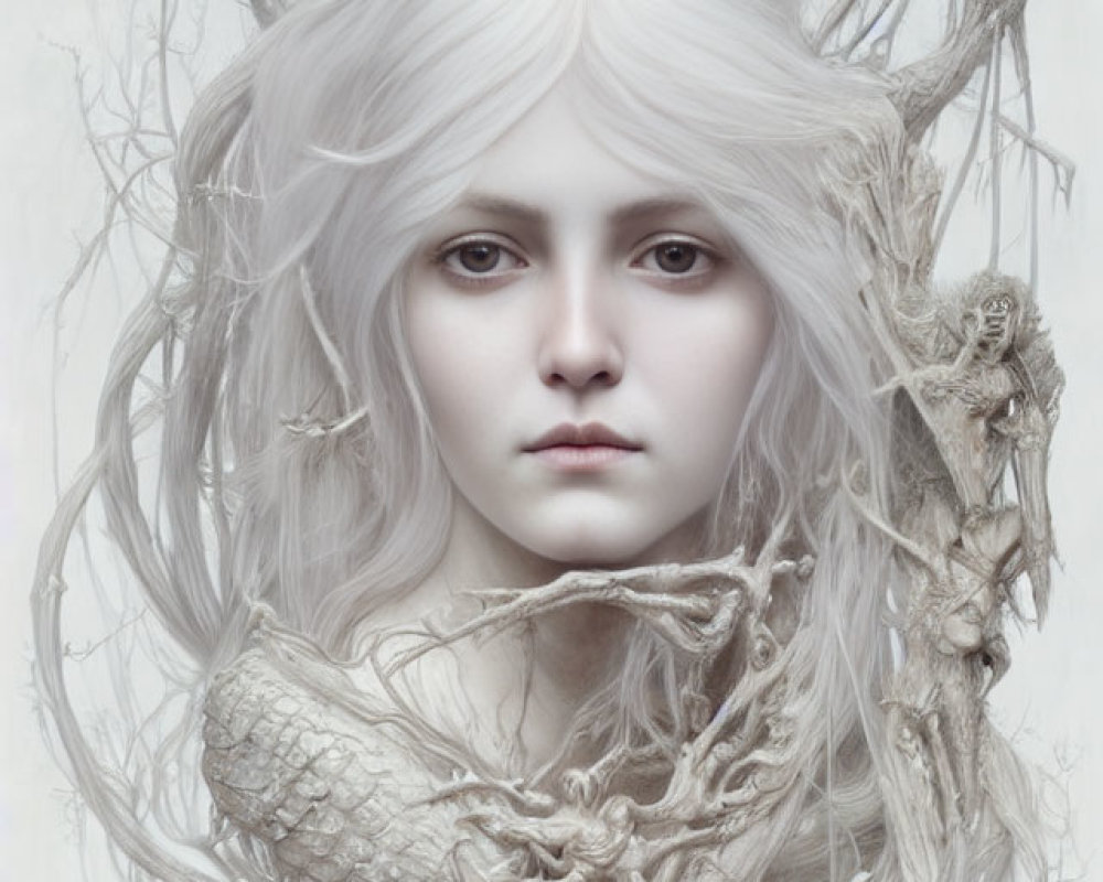 Pale figure entwined in intricate tree roots and branches with flowing white hair