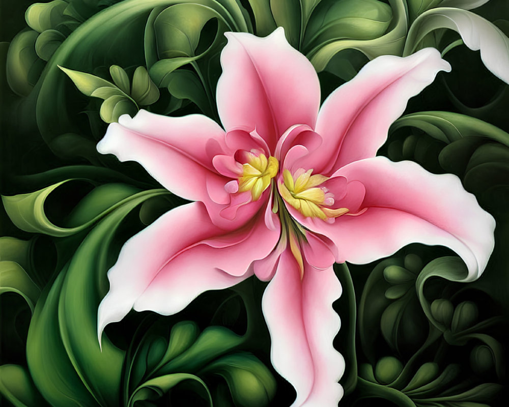 Stylized Pink Flower Digital Artwork with Green Leaves