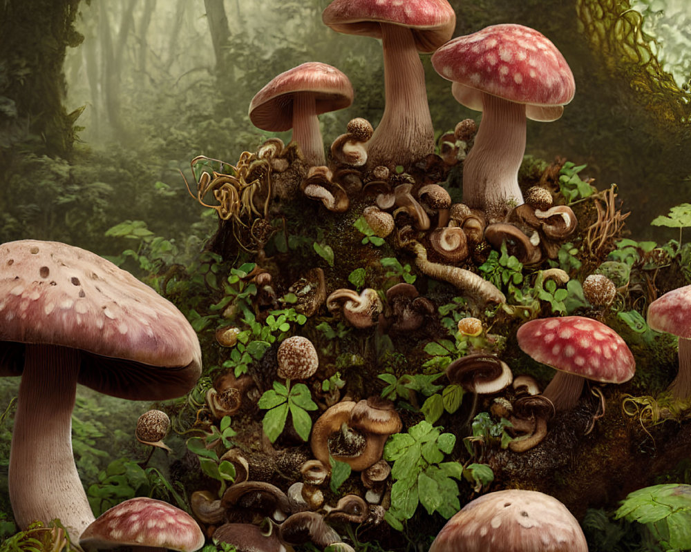 Mushrooms and fungi in misty forest setting