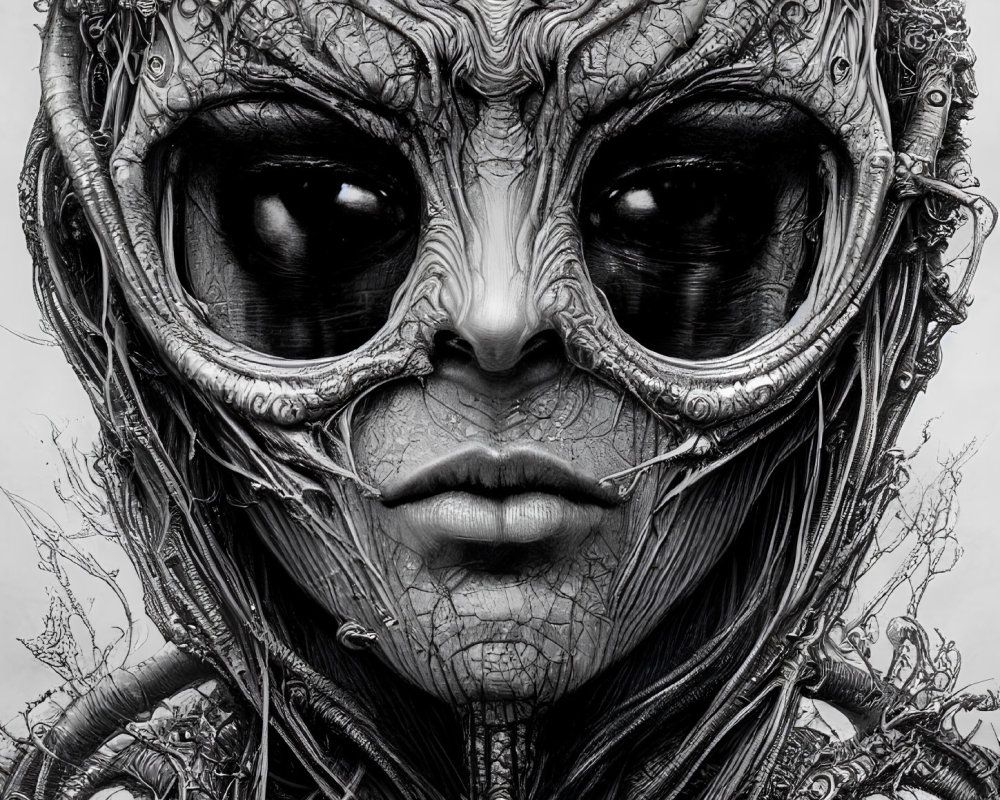 Detailed Monochrome Fantastical Humanoid Face with Dark Eyes