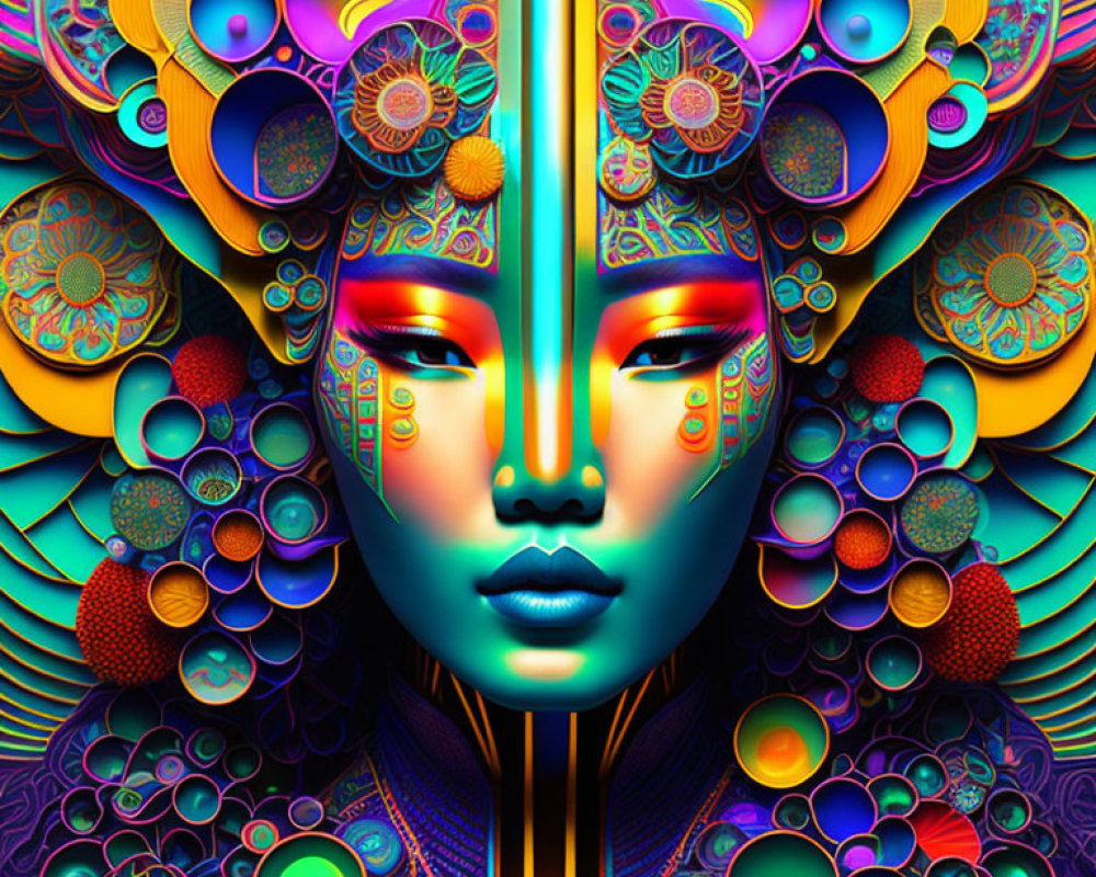 Colorful digital artwork: stylized face with intricate patterns and textures