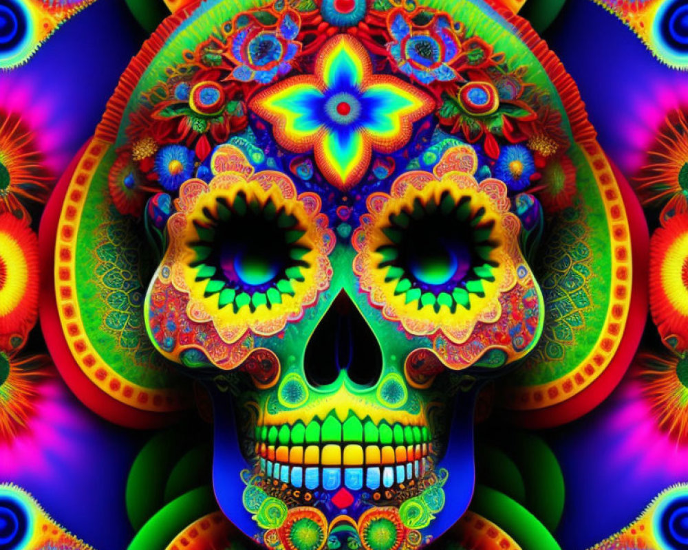 Colorful Psychedelic Skull Art with Floral Motifs & Neon Hues