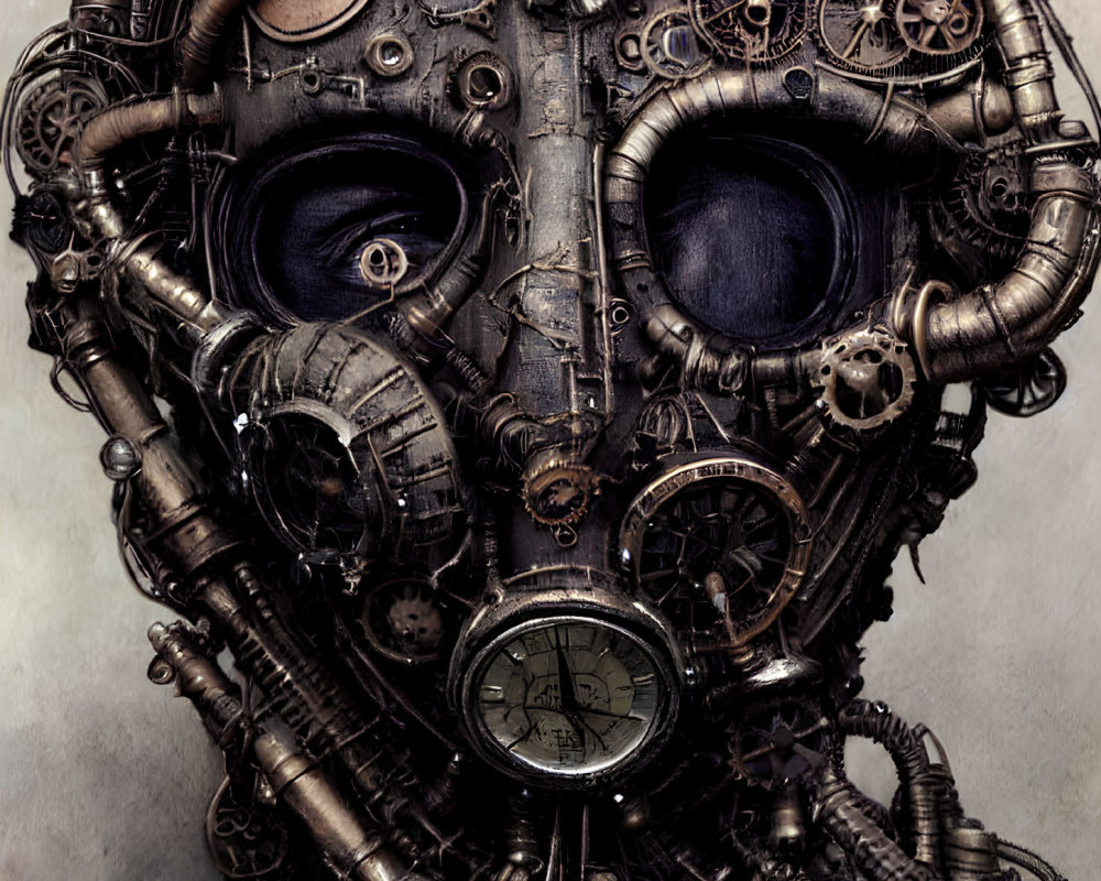 Steampunk-style skull with clock, gears, pipes, and metalwork