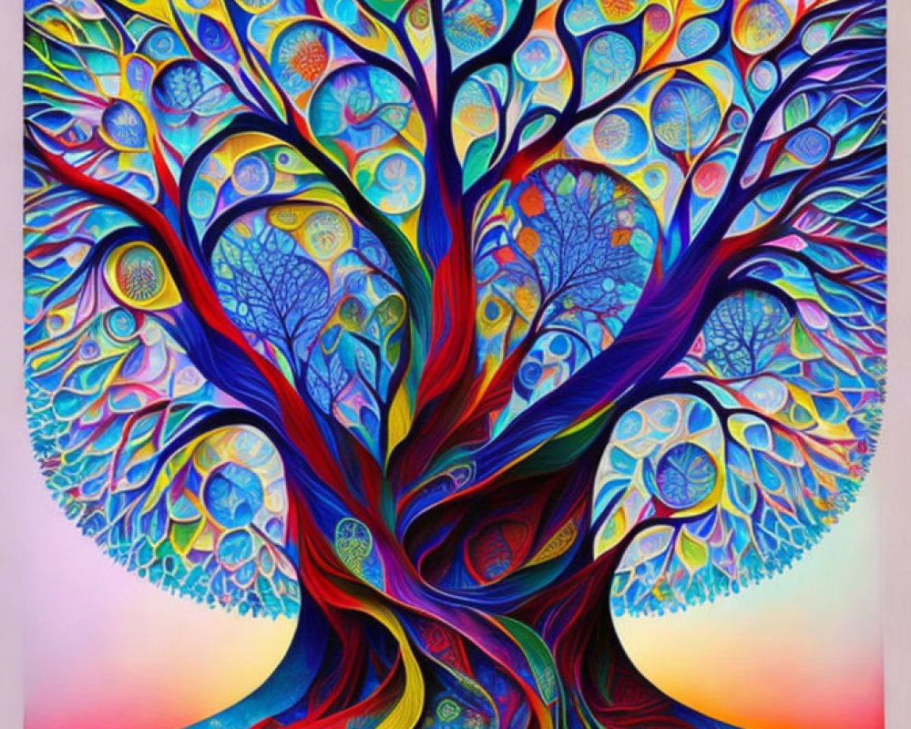 Vibrant psychedelic tree artwork with intricate patterns