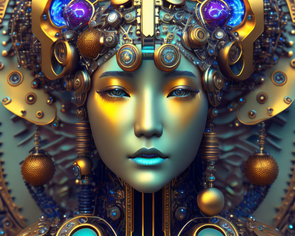 Futuristic digital artwork of female figure with golden headgear and mechanical details