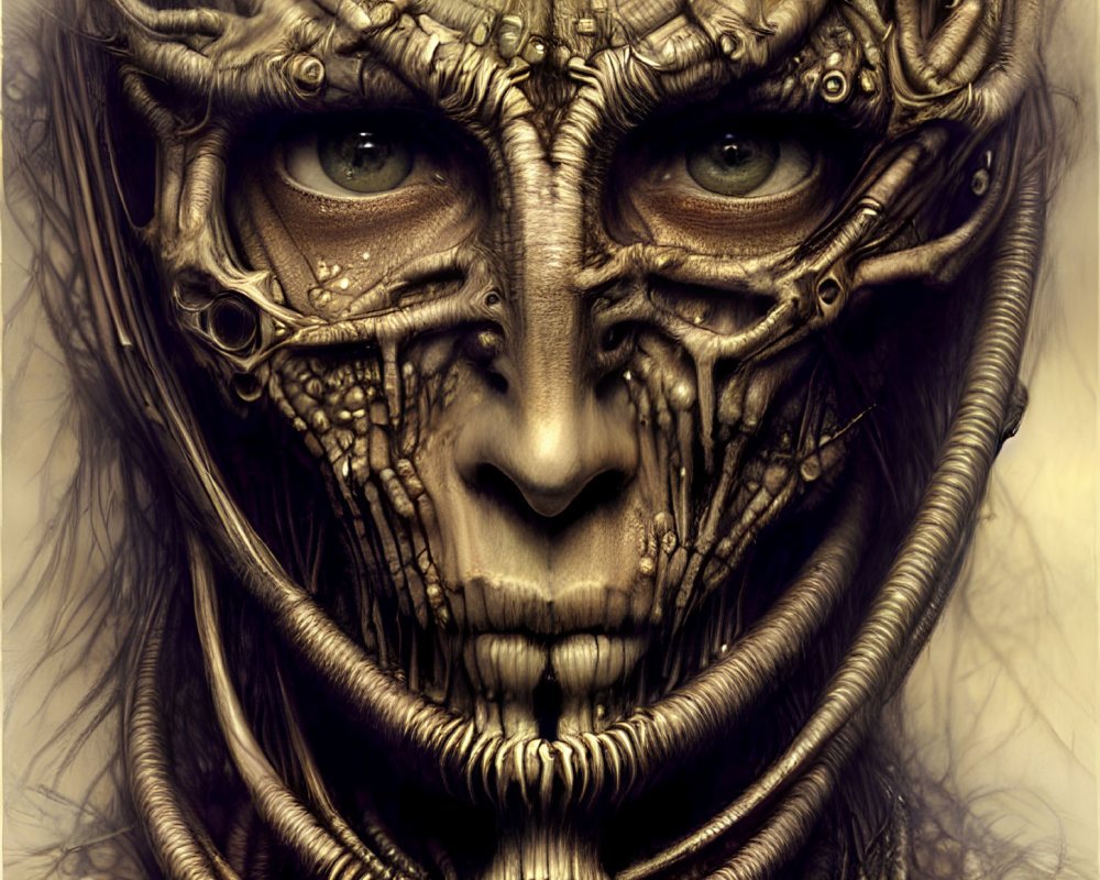 Detailed Illustration of Humanoid Face with Cybernetic Enhancements