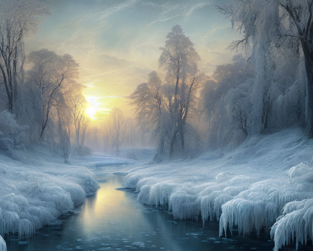 Frozen River and Snow-Covered Trees in Winter Landscape