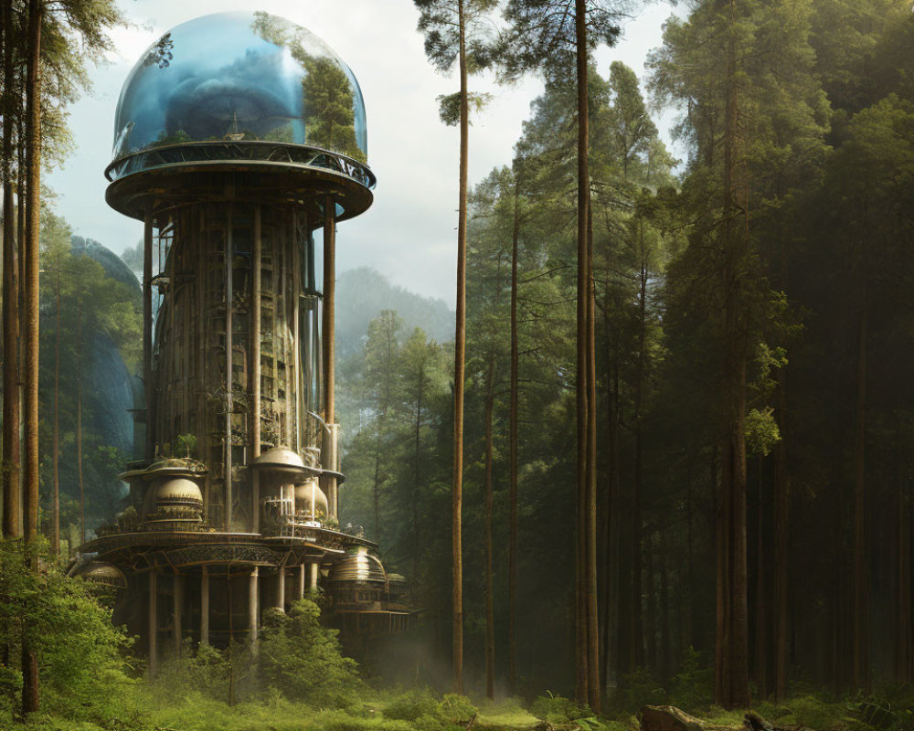 Glass dome top futuristic tower in misty forest