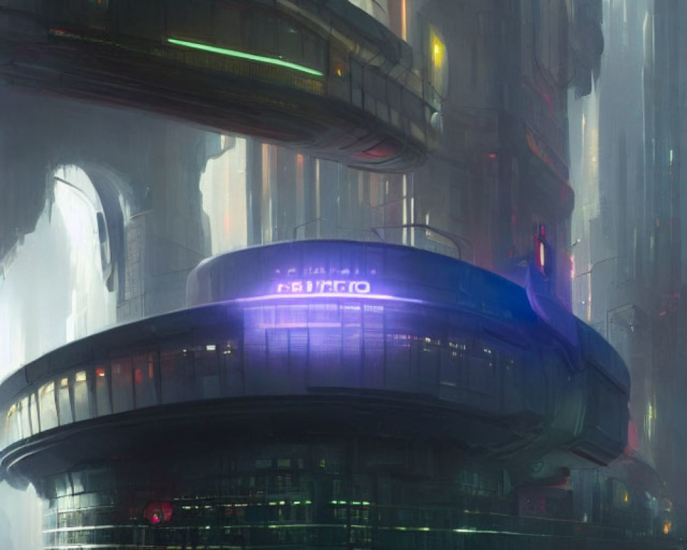 Neon-lit futuristic cityscape with circular structure in foggy urban setting