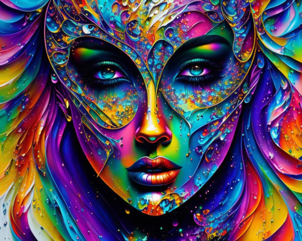 Colorful Digital Artwork of Woman's Face with Psychedelic Patterns