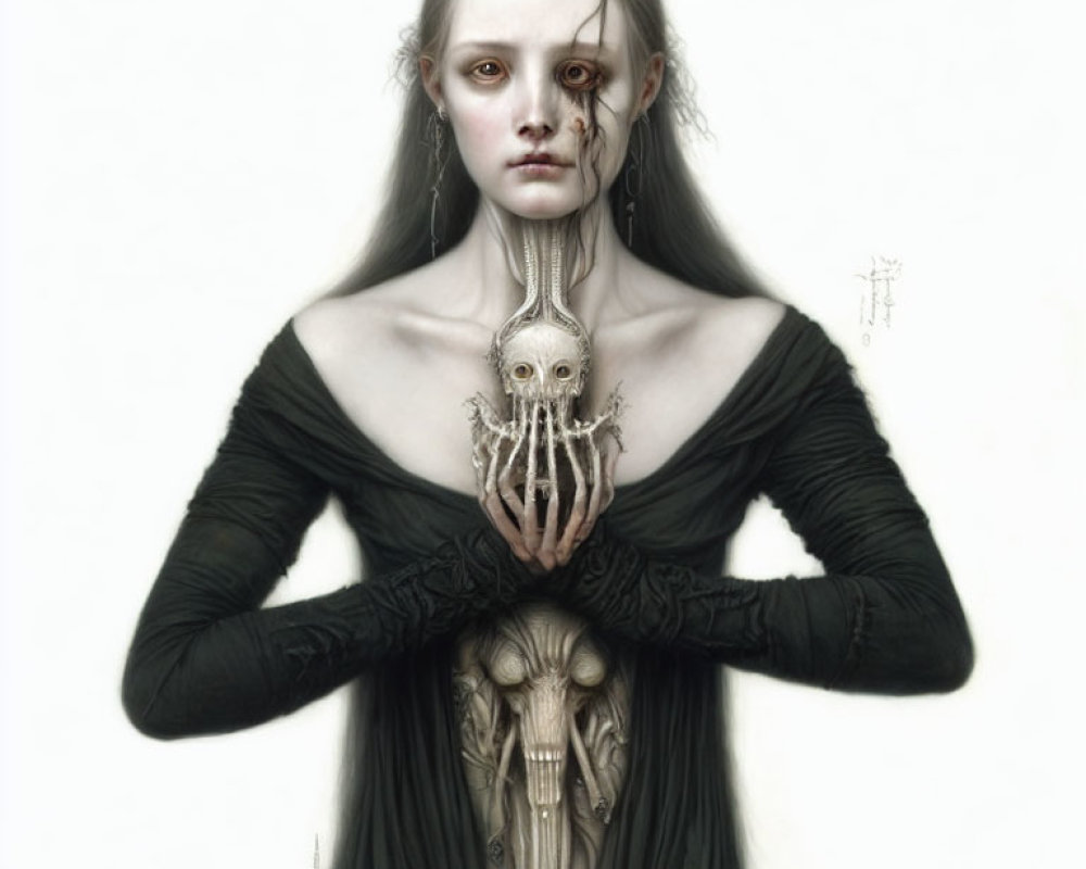 Pale Woman in Black Dress with Eerie Octopus Chest Anatomy