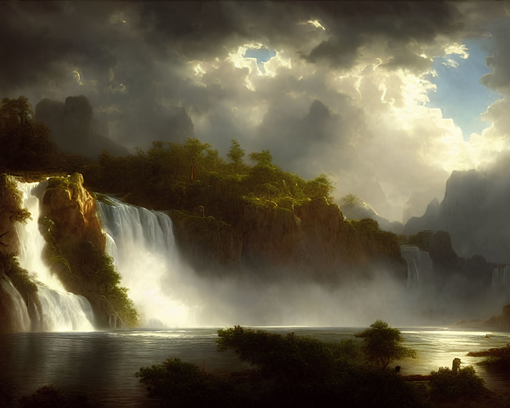 Tranquil landscape with waterfall, lake, and lush foliage