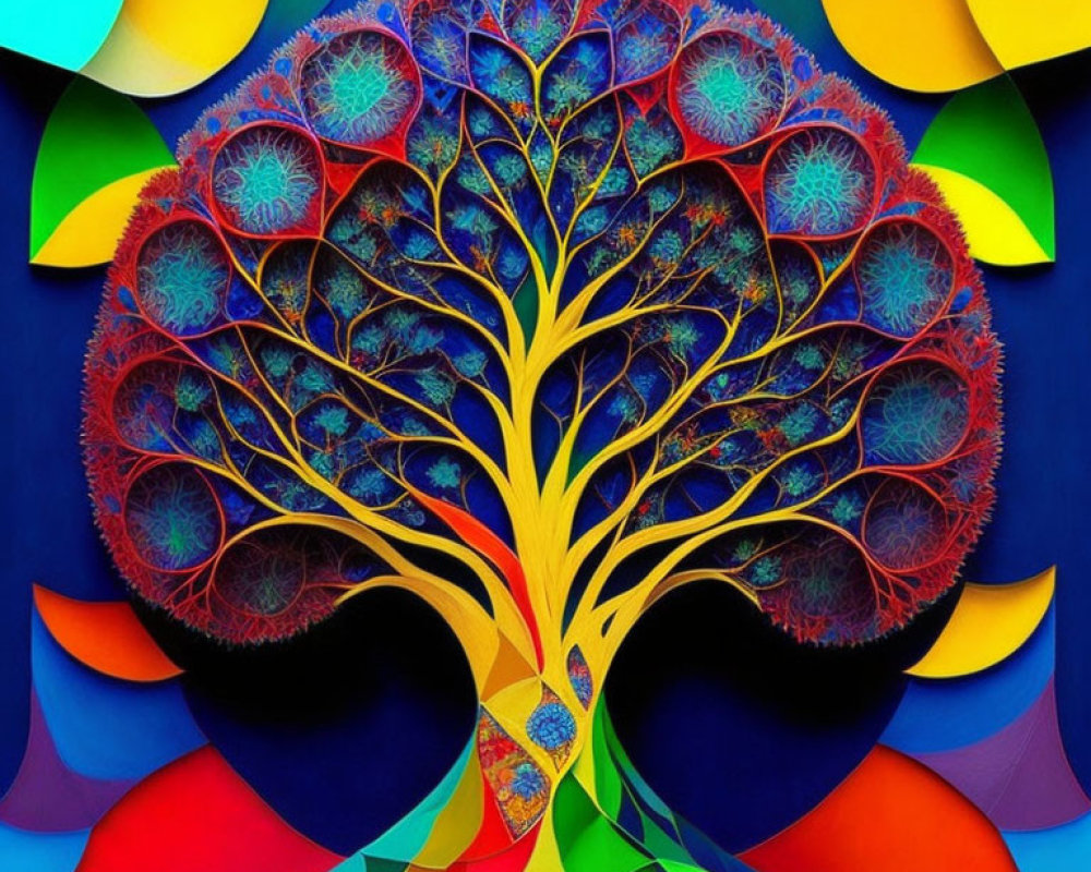 Colorful Stylized Tree Artwork with Fractal Patterns and Geometric Background