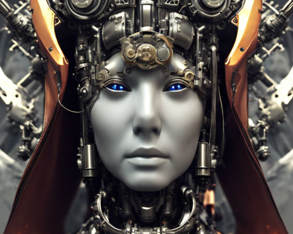 Futuristic humanoid robot with blue eyes and intricate mechanical parts