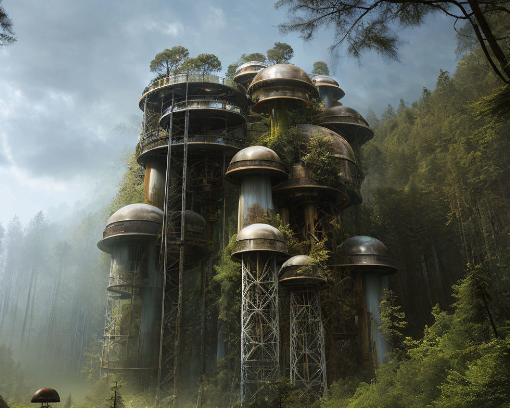 Misty forest with futuristic treehouse structures