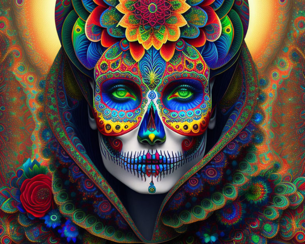 Colorful Day of the Dead skull surrounded by floral and fractal designs