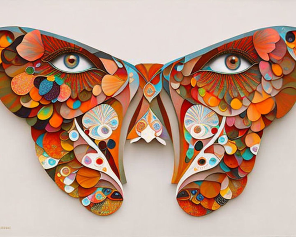 Symmetrical butterfly artwork with warm-toned eye patterns