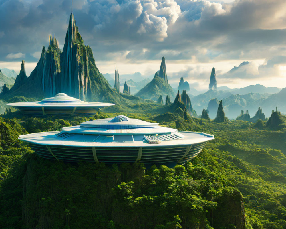 Futuristic saucer-like buildings on green cliffs under dramatic sky