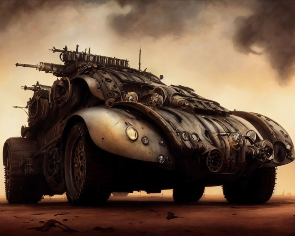 Armored vehicle with spikes in desolate sandy landscape