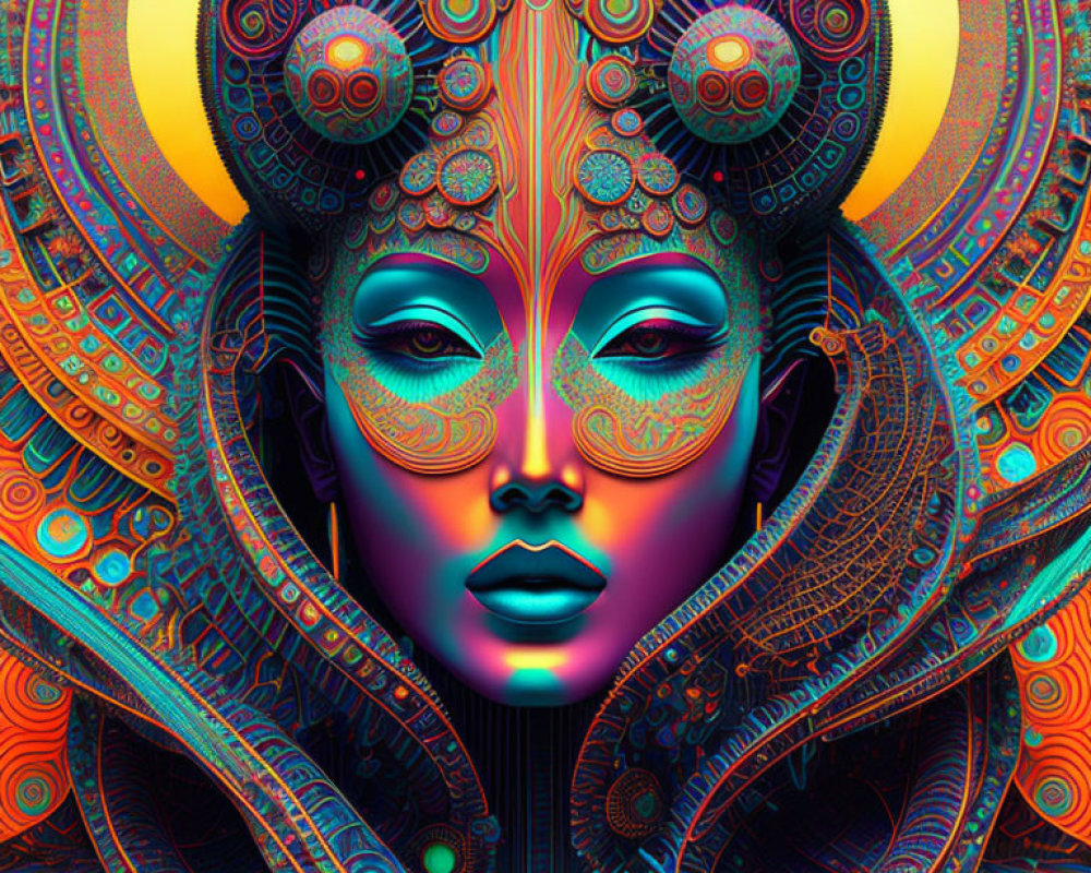 Colorful Digital Art of Woman with Ornate Headdress & Psychedelic Patterns