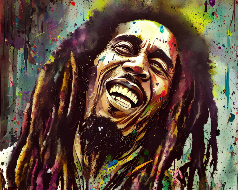 Colorful artwork of person with dreadlocks in expressive paint splatter backdrop