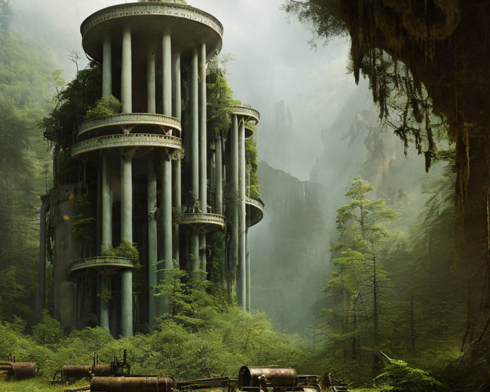 Misty forest scene with ancient pillars and decrepit vehicles