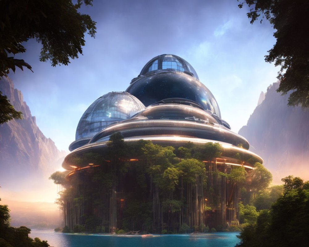 Futuristic multi-tiered structure with glass domes in forest setting