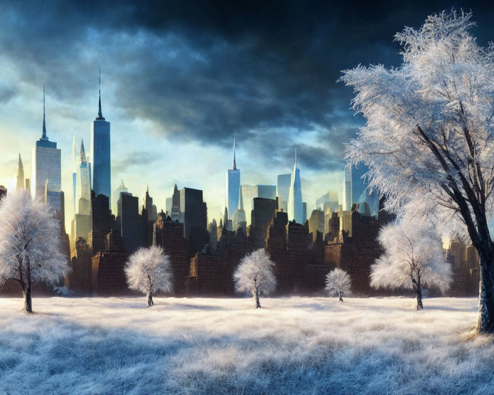 Winter Park Scene with Frost-Covered Trees and City Skyline