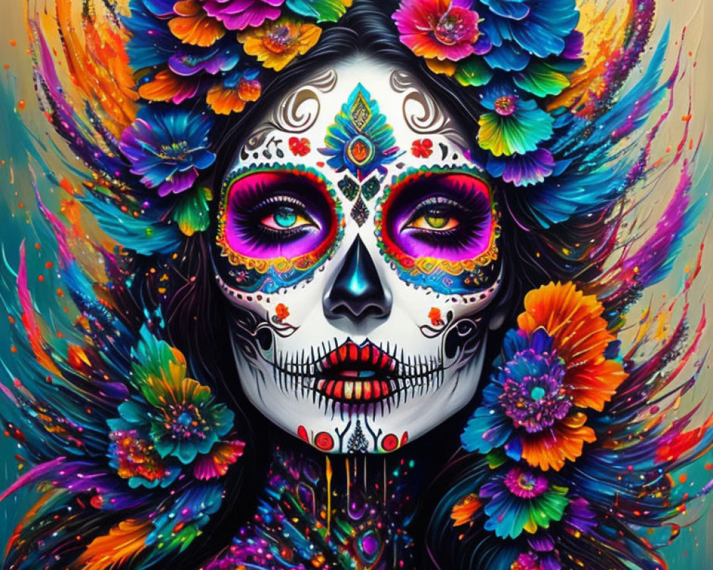 Vibrant Dia de los Muertos sugar skull makeup on woman with floral patterns