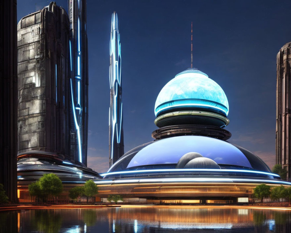 Futuristic twilight cityscape with sleek skyscrapers and glowing dome structure