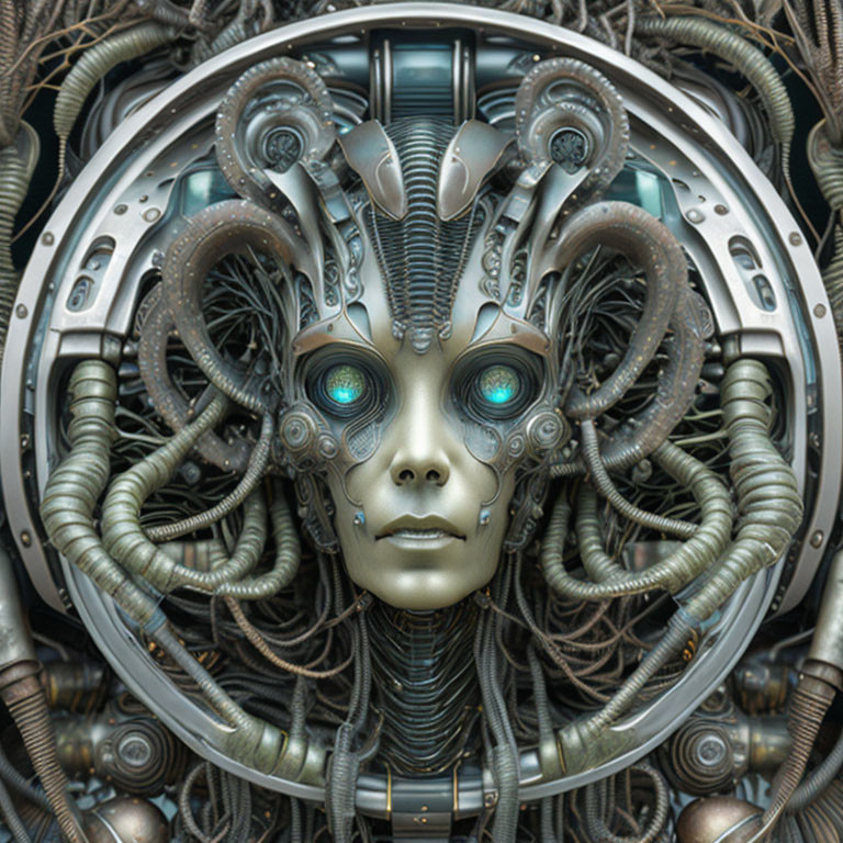 Hyper-realistic female android illustration with intricate mechanical parts and luminous blue eyes.