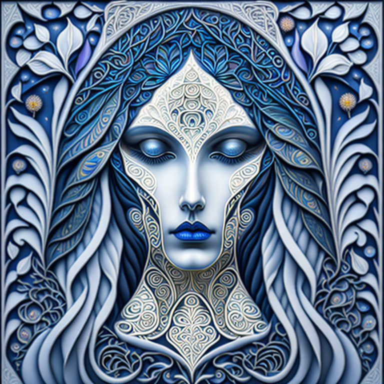 Symmetrical blue-toned female face with intricate floral patterns