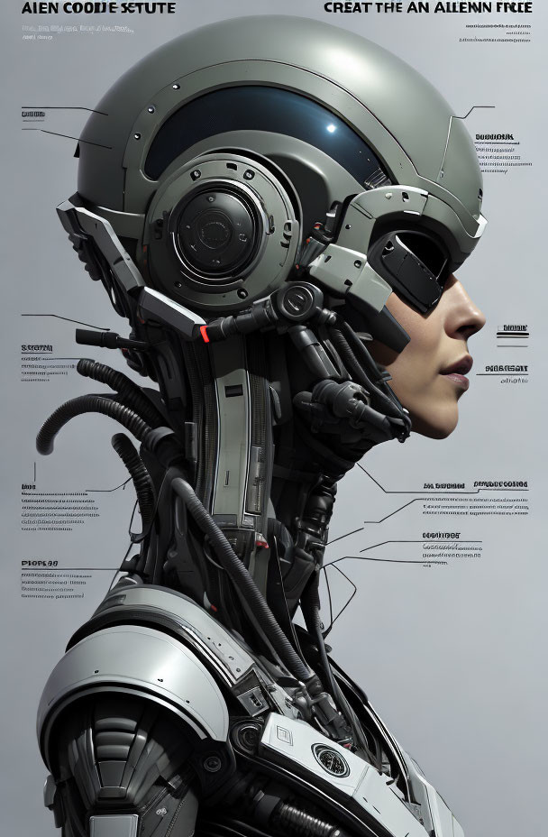 Detailed futuristic female android with helmet and mechanical neck structure.