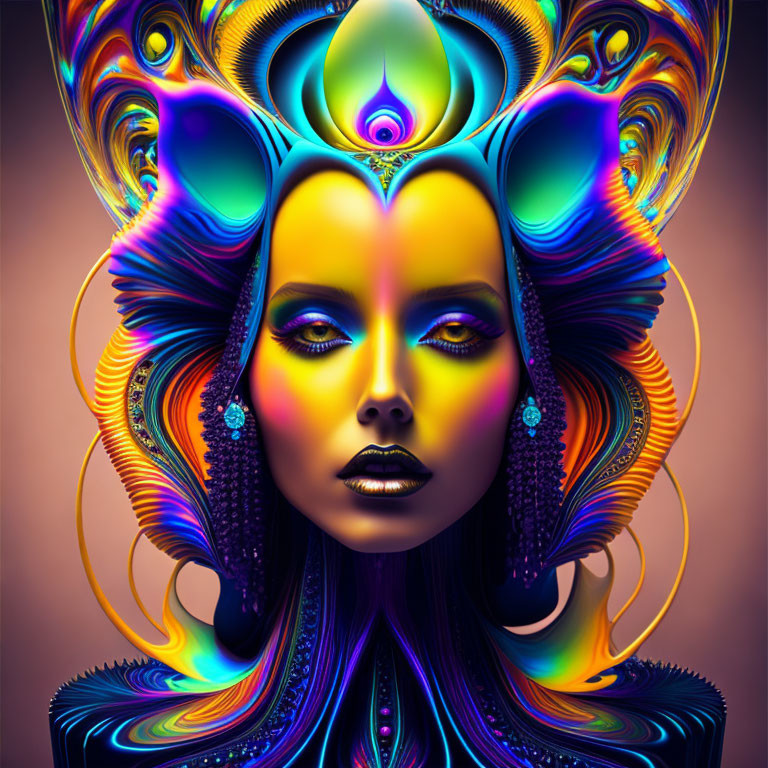 Colorful Psychedelic Woman Artwork with Ornate Crown