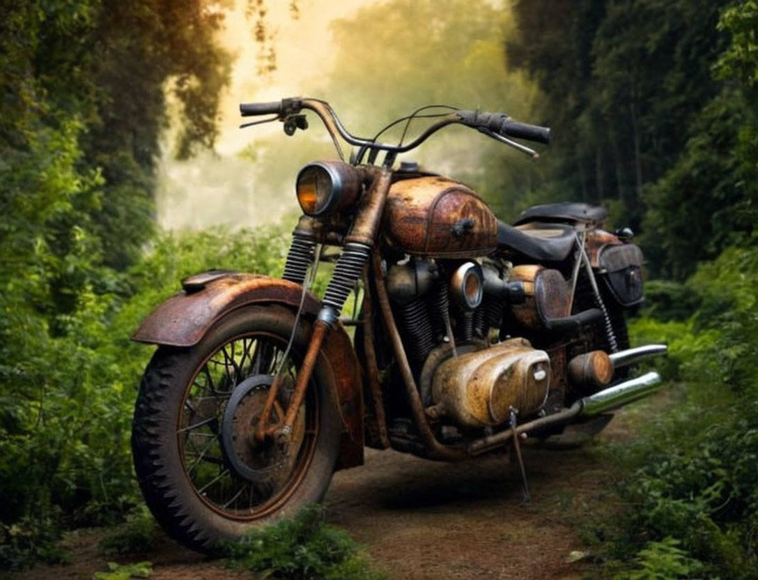 Abandoned rust-covered motorcycle in forest setting with sunlight filtering through trees