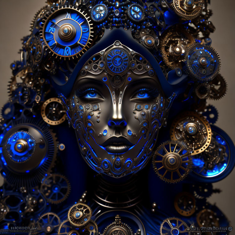 Steampunk-style face with blue and gold mechanical gears.